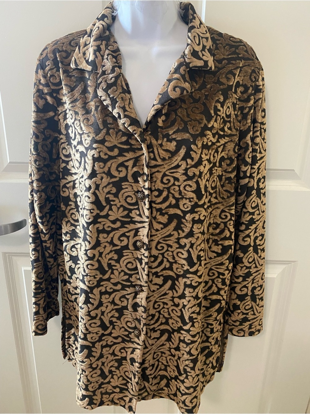 Diane Von Furstenberg Black and Gold Brocade Button-Down Top